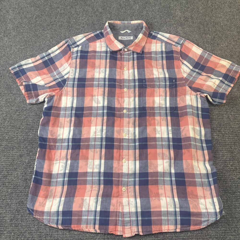 Tommy Bahama Shirt Mens XL Red Blue Plaid Button Up Short Sleeve Casual Summer